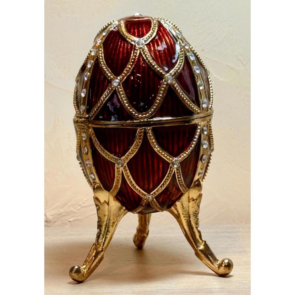 Faux Faberge Enameled Golden Trellis: Rouge Romanov Style Collectible Egg Pewter
